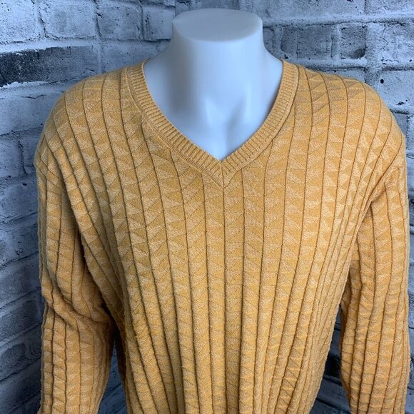 Vintage 90s Tosani Yellow Graphic Rib Knit V-Neck Pullover Sweater - Picture 2 of 11